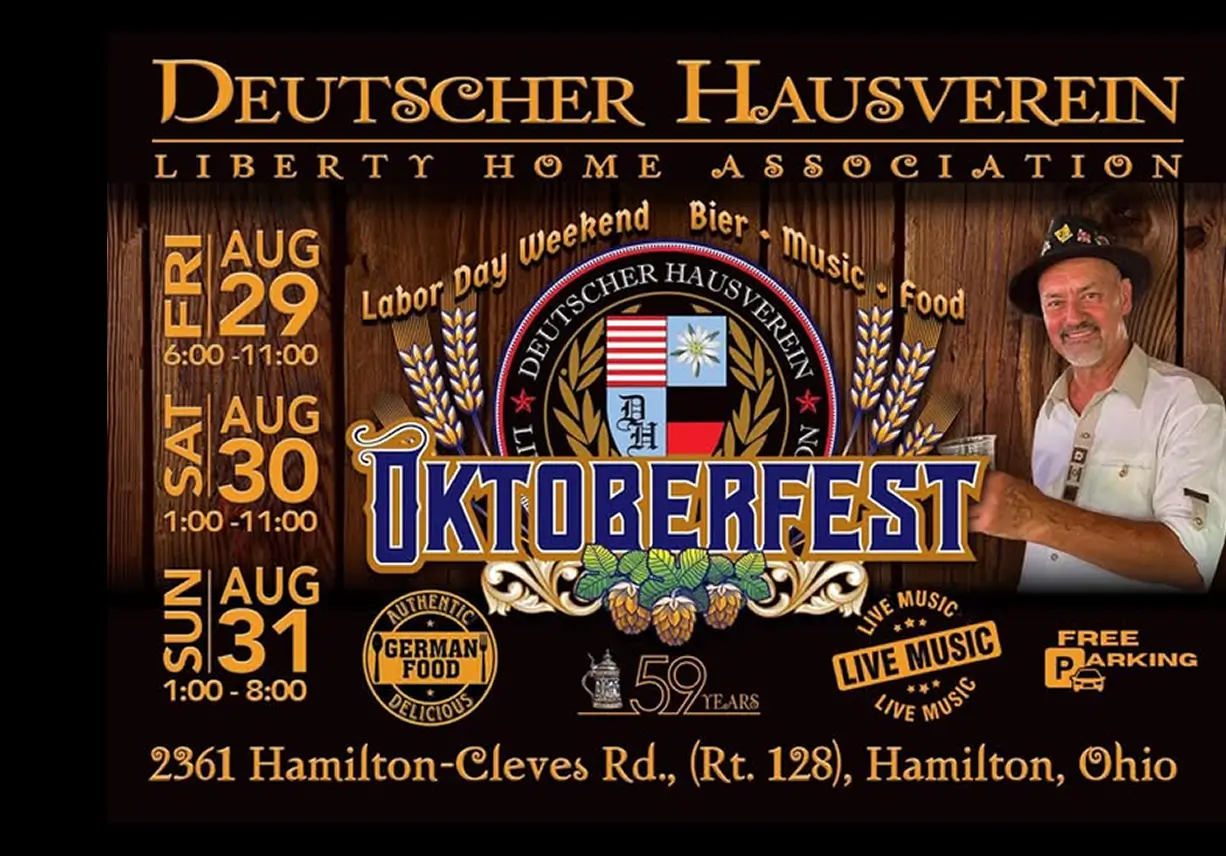 Oktoberfest event flyer with dates, times, and live music details.